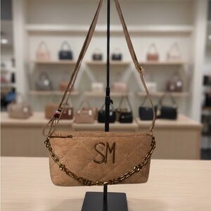 Elegant Tan Quilted Wristlet with Gold Chain